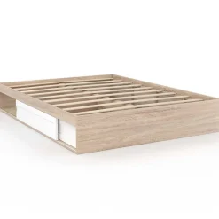 IDMarket Cadre de lit double SALEM avec rangements et sommier 140 x 190 cm façon hêtre et blanc