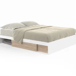 IDMarket Cadre de lit double SALEM avec rangements et sommier 140 x 190 cm blanc et façon hêtre Clearance