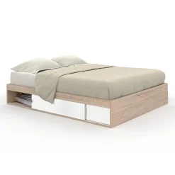 IDMarket Cadre de lit double SALEM avec rangements et sommier 160 x 200 cm façon hêtre et blanc
