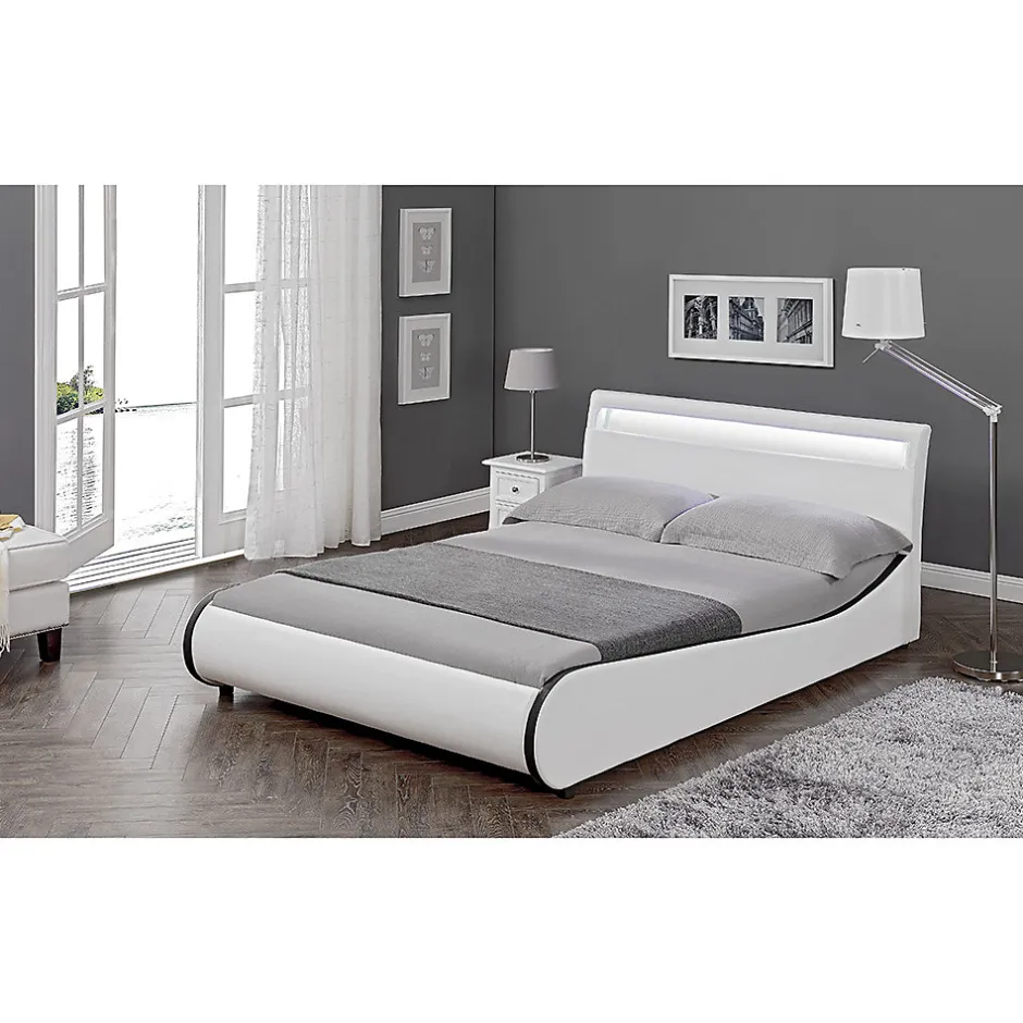 Corium Cadre de lit double Valencia à LED 140x200cm cuir synthétique avec sommier à lattes blanc
