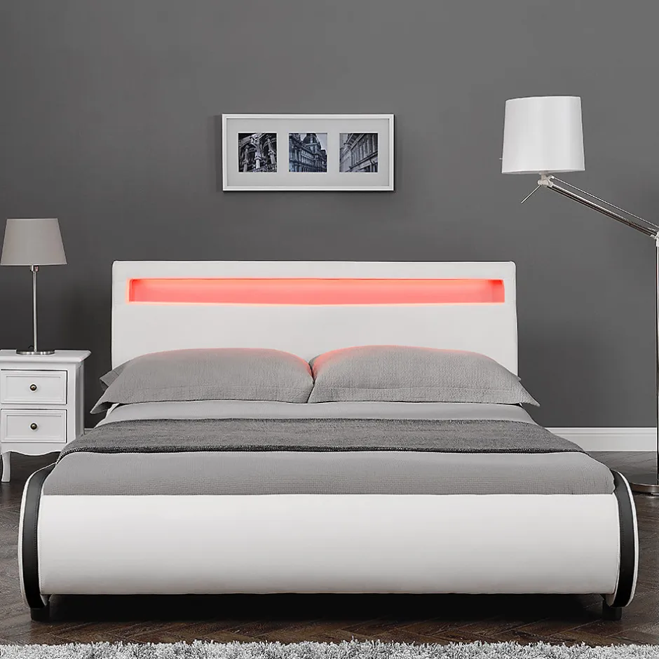 Corium Cadre de lit double Valencia à LED 140x200cm cuir synthétique avec sommier à lattes blanc