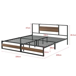 [En.Casa] Cadre de Lit Double Villach en Métal 180 x 200 cm Noir Mat Effet Noyer en.casa