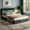 ProximaX Cadre de lit double 180x200 cm gris avec rangement, tissu en lin, LED, tête de lit avec station de charge et sommier à lattes New