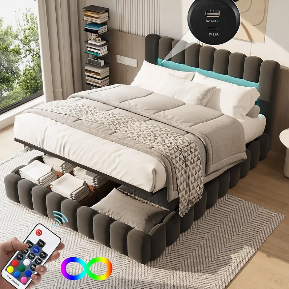 ProximaX Cadre de lit double 180x200 cm gris avec rangement, tissu en lin, LED, tête de lit avec station de charge et sommier à lattes New