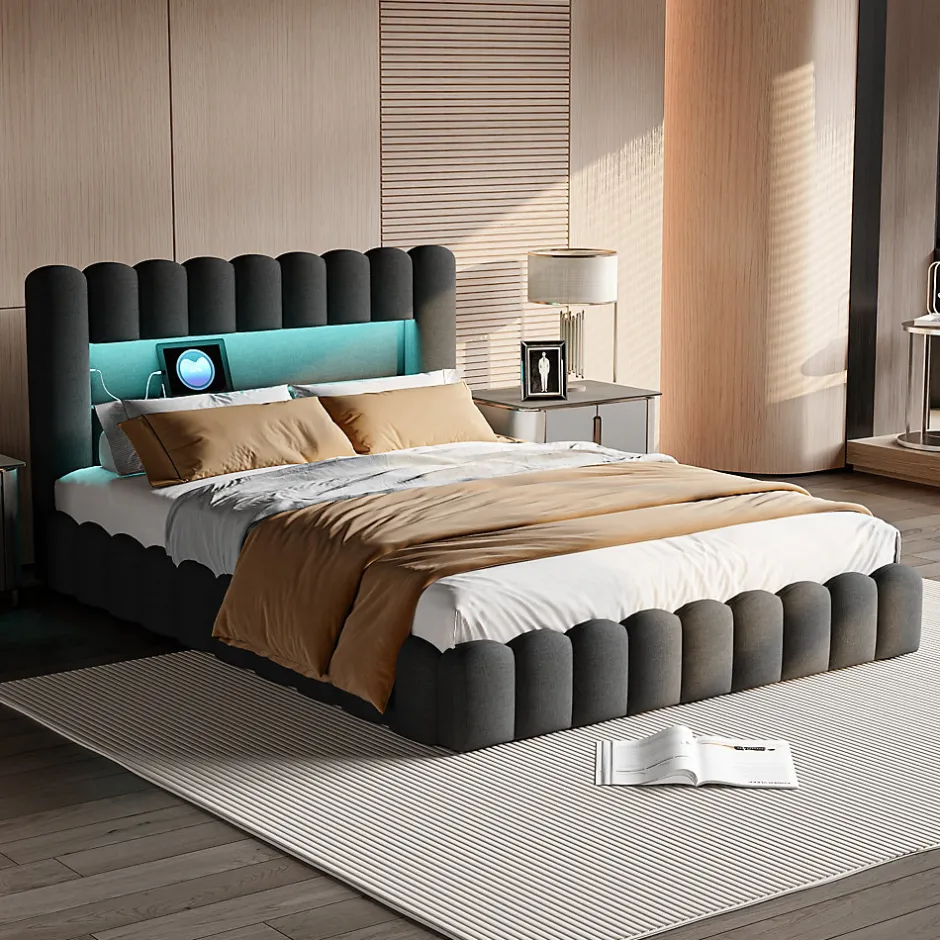 ProximaX Cadre de lit double 180x200 cm gris avec rangement, tissu en lin, LED, tête de lit avec station de charge et sommier à lattes New