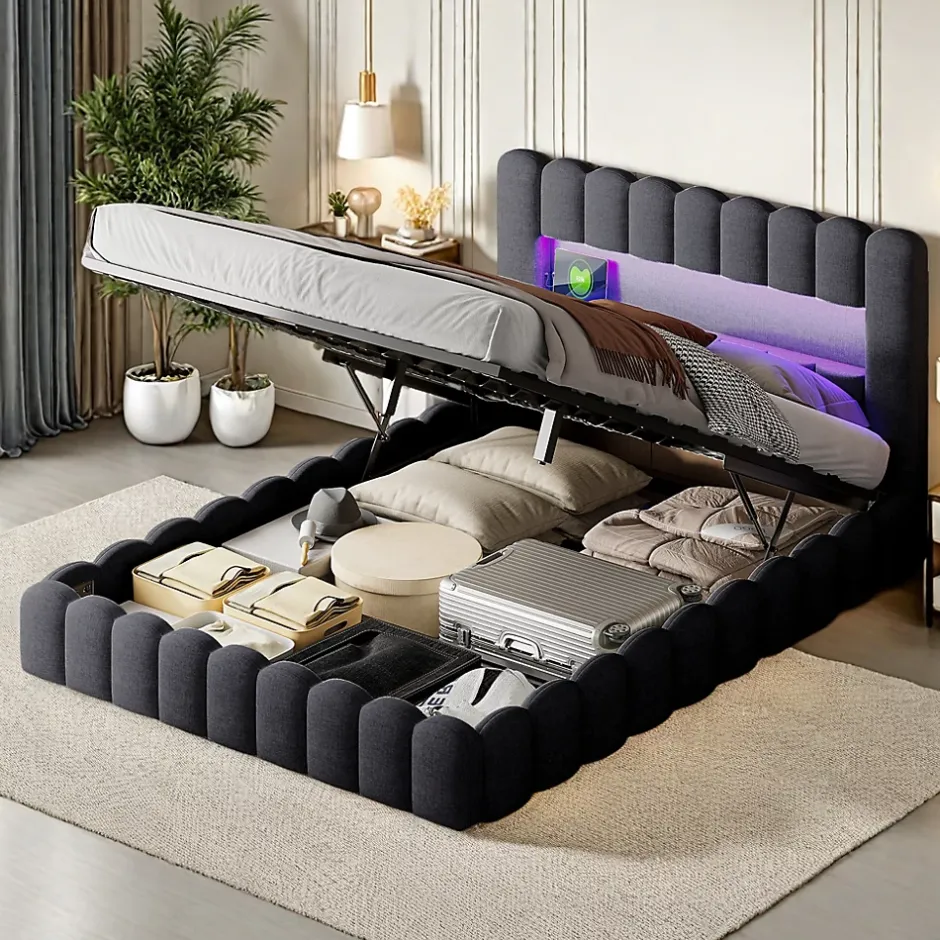 ProximaX Cadre de lit double 180x200 cm gris avec rangement, tissu en lin, LED, tête de lit avec station de charge et sommier à lattes New