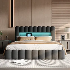 ProximaX Cadre de lit double 180x200 cm gris avec rangement, tissu en lin, LED, tête de lit avec station de charge et sommier à lattes New