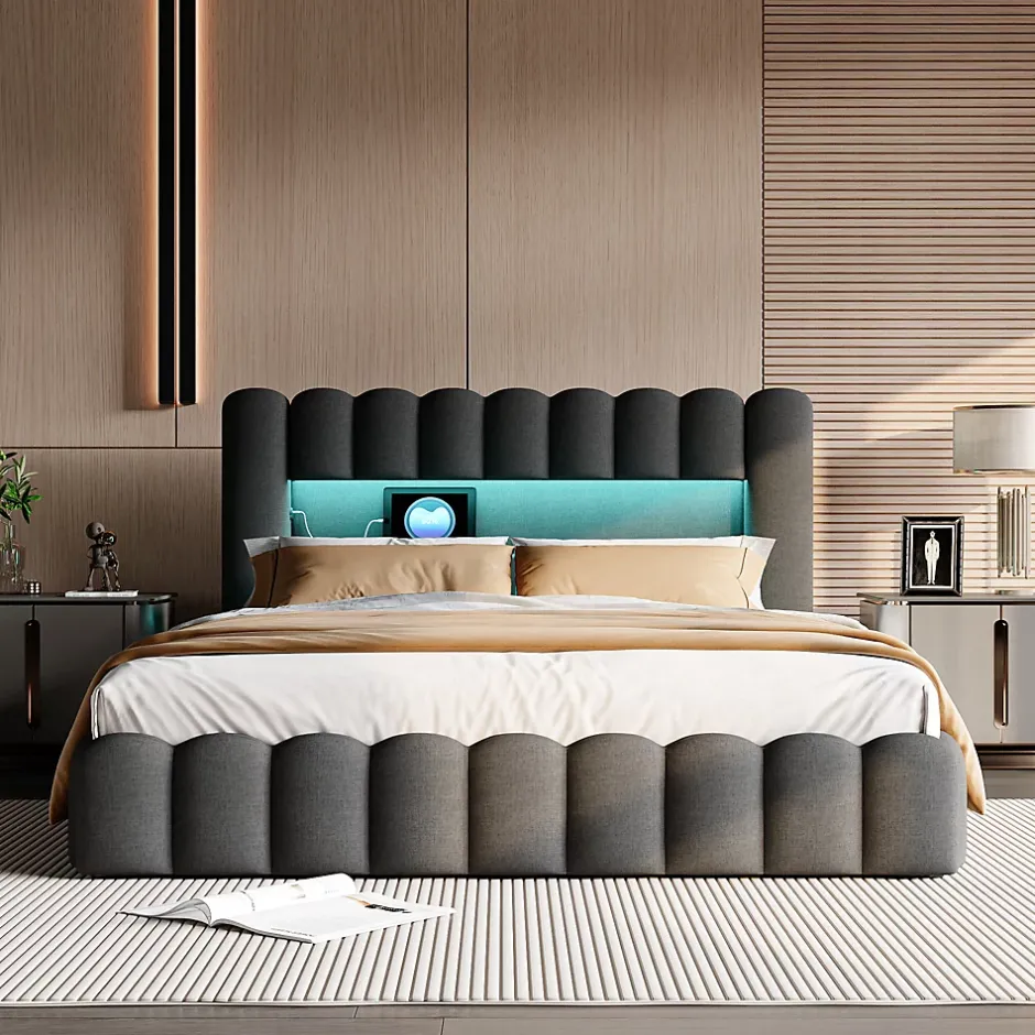 ProximaX Cadre de lit double 180x200 cm gris avec rangement, tissu en lin, LED, tête de lit avec station de charge et sommier à lattes New