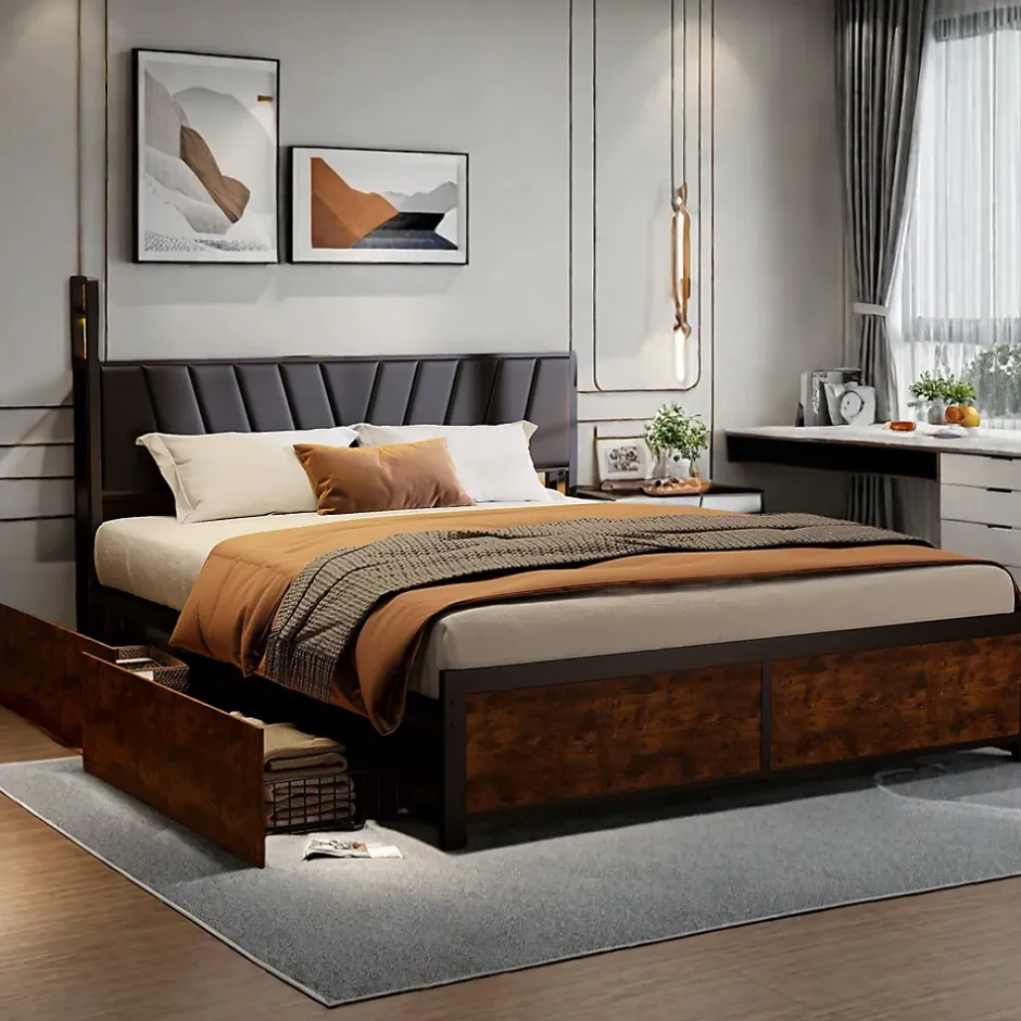 ProximaX Cadre de Lit Double 160x200 cm avec Tiroirs Coulissants et LED, en Métal Noir et Bois, Parfait pour Chambre d'Adultes, USB, noir Clearance