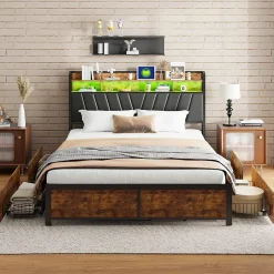 ProximaX Cadre de Lit Double 160x200 cm avec Tiroirs Coulissants et LED, en Métal Noir et Bois, Parfait pour Chambre d'Adultes, USB, noir Clearance