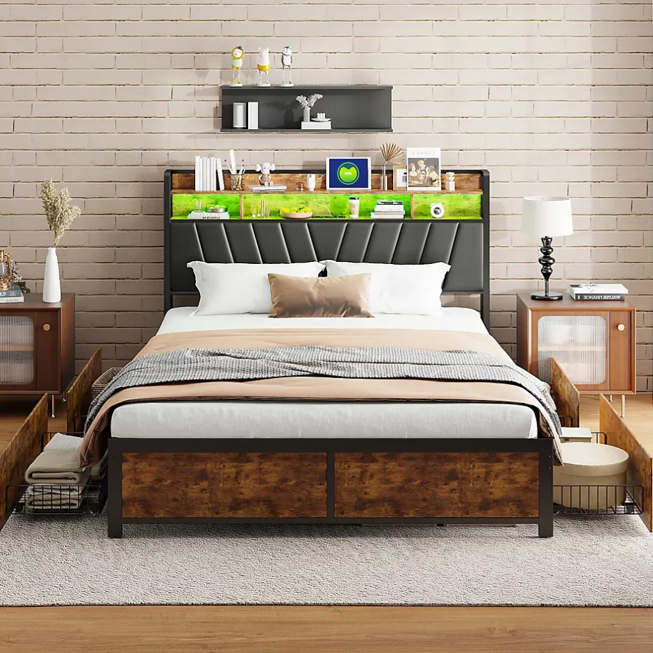 ProximaX Cadre de Lit Double 160x200 cm avec Tiroirs Coulissants et LED, en Métal Noir et Bois, Parfait pour Chambre d'Adultes, USB, noir Clearance