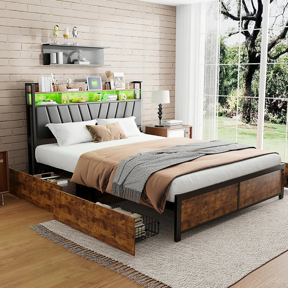 ProximaX Cadre de Lit Double 160x200 cm avec Tiroirs Coulissants et LED, en Métal Noir et Bois, Parfait pour Chambre d'Adultes, USB, noir Clearance