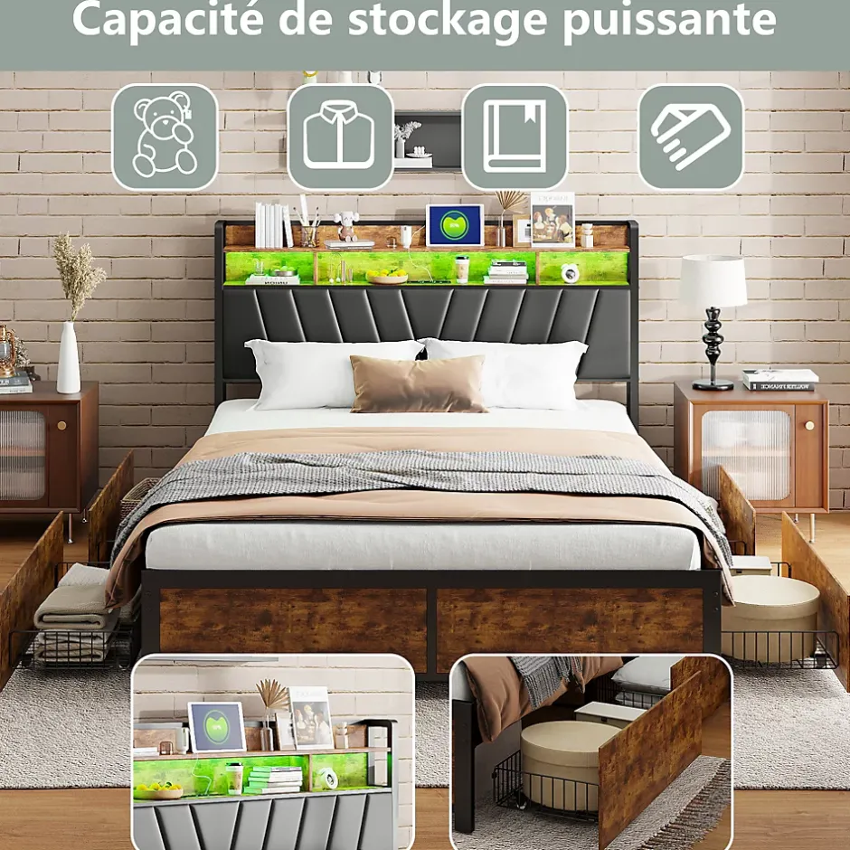 ProximaX Cadre de Lit Double 160x200 cm avec Tiroirs Coulissants et LED, en Métal Noir et Bois, Parfait pour Chambre d'Adultes, USB, noir Clearance