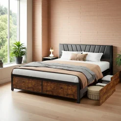 ProximaX Cadre de Lit Double 160x200 cm avec Tiroirs Coulissants et LED, en Métal Noir et Bois, Parfait pour Chambre d'Adultes, USB, noir