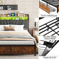 ProximaX Cadre de Lit Double 160x200 cm avec Tiroirs Coulissants et LED, en Métal Noir et Bois, Parfait pour Chambre d'Adultes, USB, noir