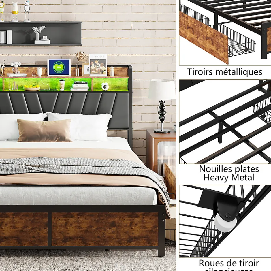 ProximaX Cadre de Lit Double 160x200 cm avec Tiroirs Coulissants et LED, en Métal Noir et Bois, Parfait pour Chambre d'Adultes, USB, noir