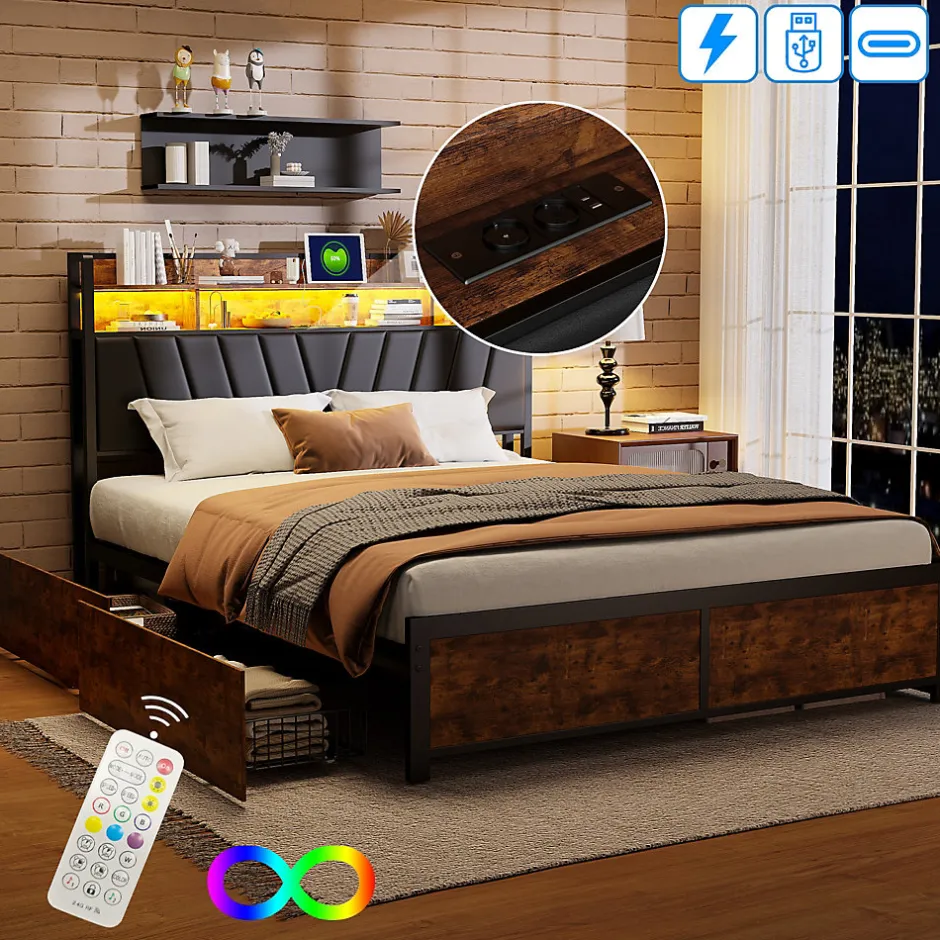 ProximaX Cadre de Lit Double 160x200 cm avec Tiroirs Coulissants et LED, en Métal Noir et Bois, Parfait pour Chambre d'Adultes, USB, noir