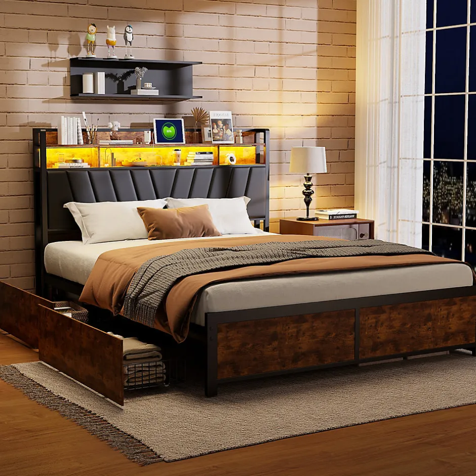 ProximaX Cadre de Lit Double 160x200 cm avec Tiroirs Coulissants et LED, en Métal Noir et Bois, Parfait pour Chambre d'Adultes, USB, noir