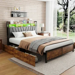 ProximaX Cadre de Lit Double 160x200 cm avec Tiroirs Coulissants et LED, en Métal Noir et Bois, Parfait pour Chambre d'Adultes, USB, noir