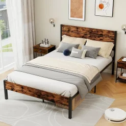 Giantex Cadre de Lit Double 140x200CM, Lit Plateforme avec Tête à Lattes, Pas Besoin de Sommier, Marron Rustique New