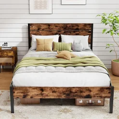 Giantex Cadre de Lit Double 140x200CM, Lit Plateforme avec Tête à Lattes, Pas Besoin de Sommier, Marron Rustique New