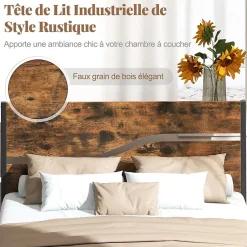 Giantex Cadre de Lit Double 140x200CM,avec Tête, Lattes en Métal,Espace de Rangement,Pas de Sommier Nécessaire,Brun Rustique,Charge 360KG Outlet