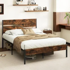 Giantex Cadre de Lit Double 140x200CM,avec Tête, Lattes en Métal,Espace de Rangement,Pas de Sommier Nécessaire,Brun Rustique,Charge 360KG Outlet