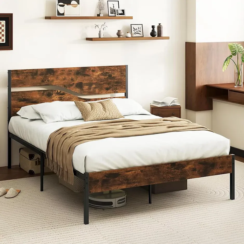 Giantex Cadre de Lit Double 140x200CM,avec Tête, Lattes en Métal,Espace de Rangement,Pas de Sommier Nécessaire,Brun Rustique,Charge 360KG Outlet