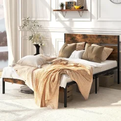 Giantex Cadre de Lit Double 140x200CM,avec Tête, Lattes en Métal,Espace de Rangement,Pas de Sommier Nécessaire,Brun Rustique,Charge 360KG Outlet