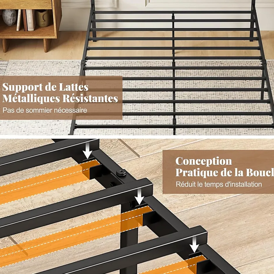 Giantex Cadre de Lit Double 140x200CM,avec Tête, Lattes en Métal,Espace de Rangement,Pas de Sommier Nécessaire,Brun Rustique,Charge 360KG Outlet