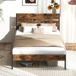 Giantex Cadre de Lit Double 140x200CM,avec Tête, Lattes en Métal,Espace de Rangement,Pas de Sommier Nécessaire,Brun Rustique,Charge 360KG Outlet