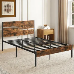 Giantex Cadre de Lit Double 140x200CM,avec Tête, Lattes en Métal,Espace de Rangement,Pas de Sommier Nécessaire,Brun Rustique,Charge 360KG Outlet
