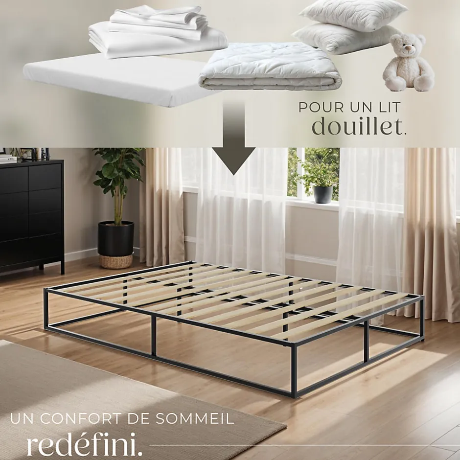Tectake Cadre de lit en acier sommier à lattes en bois de peuplier 200x140cm