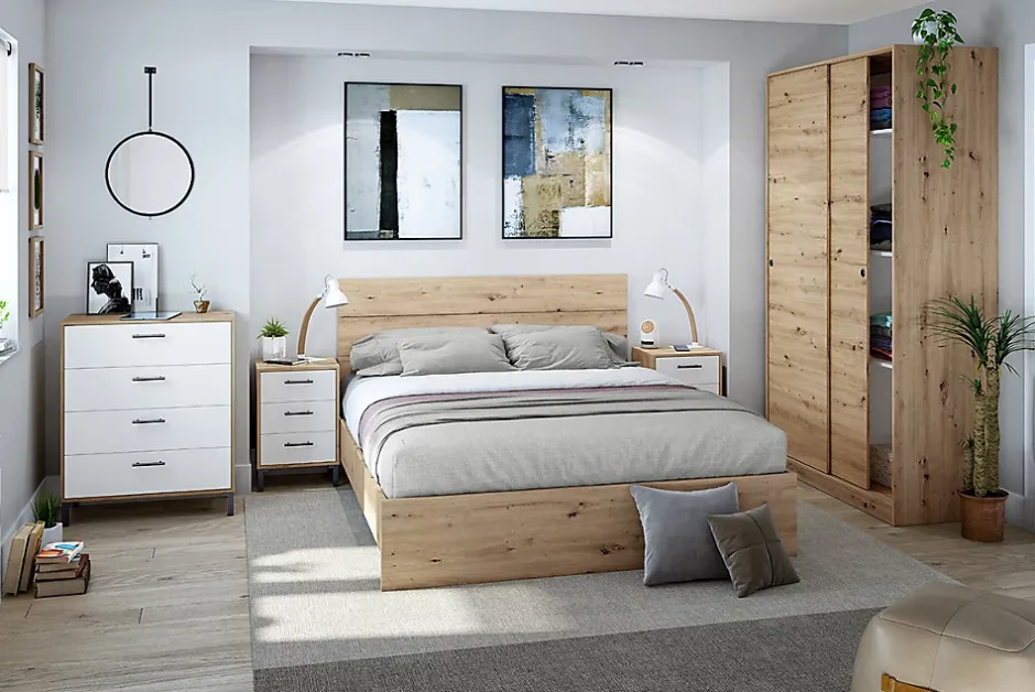 Pegane Cadre de lit en bois coloris chêne nordique - hauteur 39 x longueur 166 x profondeur 206 cm / couchage 160 x 200 cm Outlet