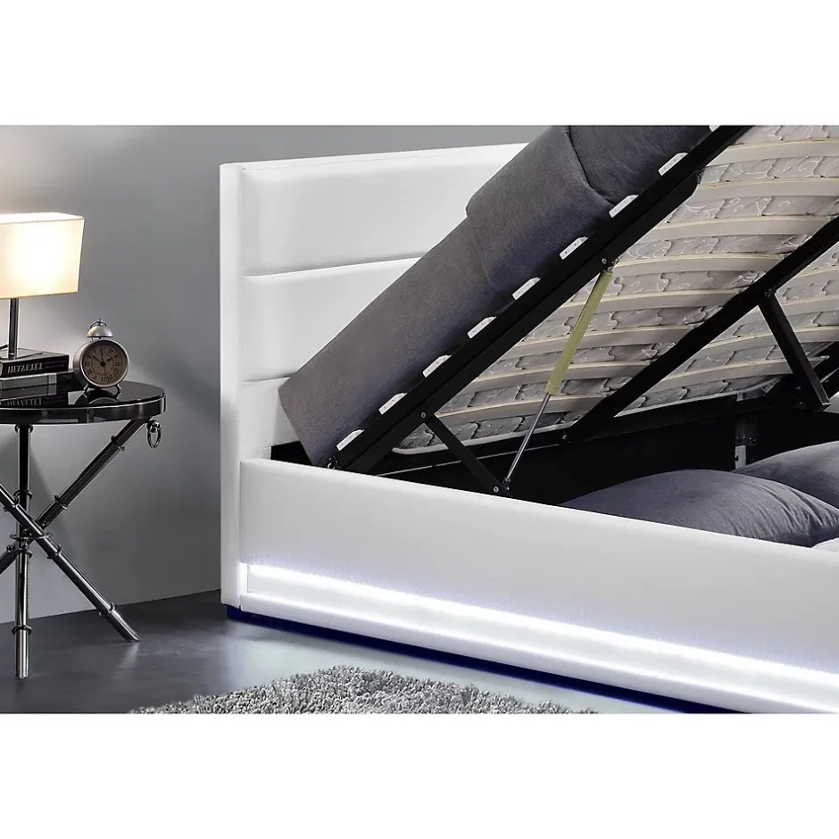 Concept Usine Cadre de lit en PU blanc avec rangements et LED intégrées 160x200 cm NEW YORK Hot