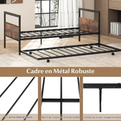 Giantex Cadre de Lit Gigogne Lot de 2 Lit Simple Banquette Lattes Métalliques Tête et Pied de Lit Peu Encombrant Pieds Pliants Hot