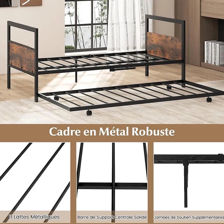 Giantex Cadre de Lit Gigogne Lot de 2 Lit Simple Banquette Lattes Métalliques Tête et Pied de Lit Peu Encombrant Pieds Pliants Hot