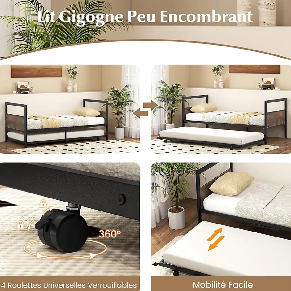Giantex Cadre de Lit Gigogne Lot de 2 Lit Simple Banquette Lattes Métalliques Tête et Pied de Lit Peu Encombrant Pieds Pliants Hot