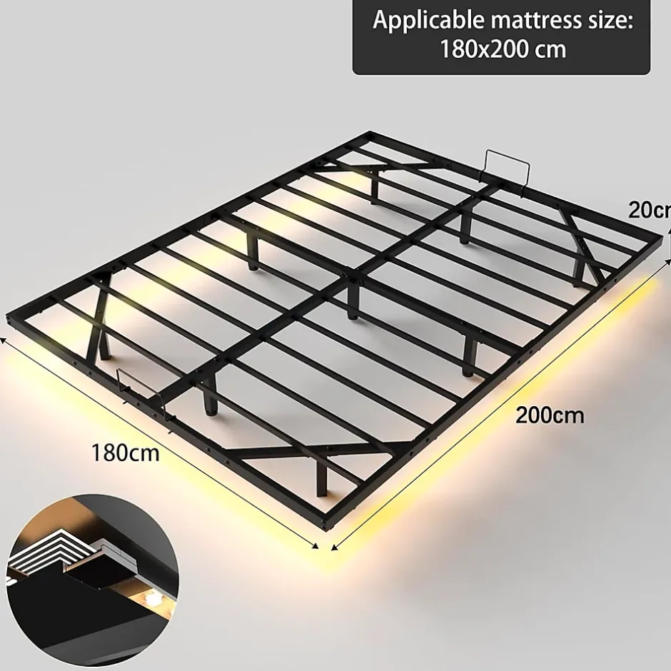 Generique Cadre de lit LED en métal 180x200 cm, hauteur 20 cm, cadre flottant, pieds dissimulés, noir Sale