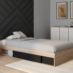 IDMarket Cadre de lit simple SALEM avec rangement et sommier 90 x 190 CM façon hêtre et noir Sale