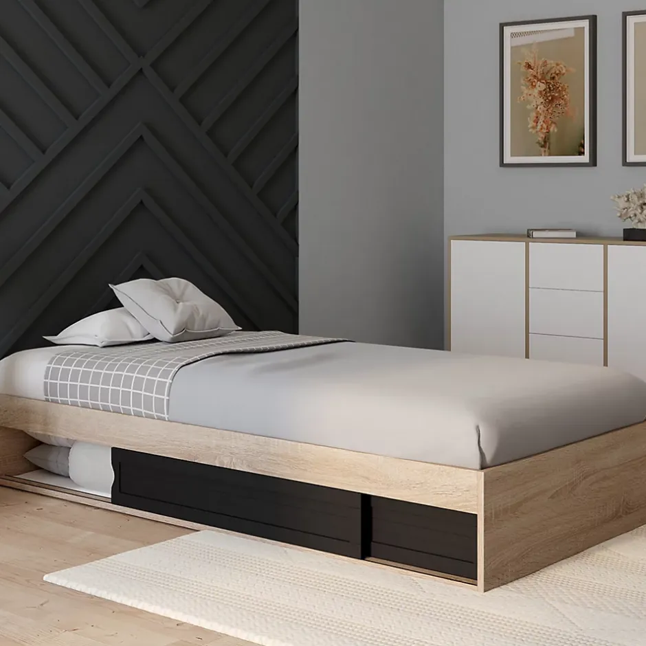 IDMarket Cadre de lit simple SALEM avec rangement et sommier 90 x 190 CM façon hêtre et noir Sale