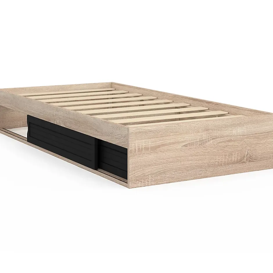 IDMarket Cadre de lit simple SALEM avec rangement et sommier 90 x 190 CM façon hêtre et noir Sale