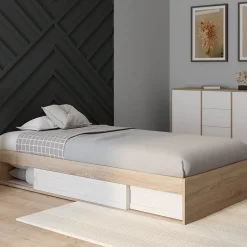 IDMarket Cadre de lit simple SALEM avec rangement et sommier 90 x 190 CM façon hêtre et blanc