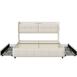 Fortuna lai Cadre de lit 160x200cm, à lattes, fonction de chargement USB, tiroirs, cuir PU, blanc