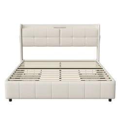 Fortuna lai Cadre de lit 160x200cm, à lattes, fonction de chargement USB, tiroirs, cuir PU, blanc