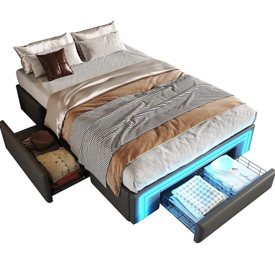 Simple Life Cadre de lit 90x200cm sans tête, LED, PU, plateforme métal avec tiroirs, gris