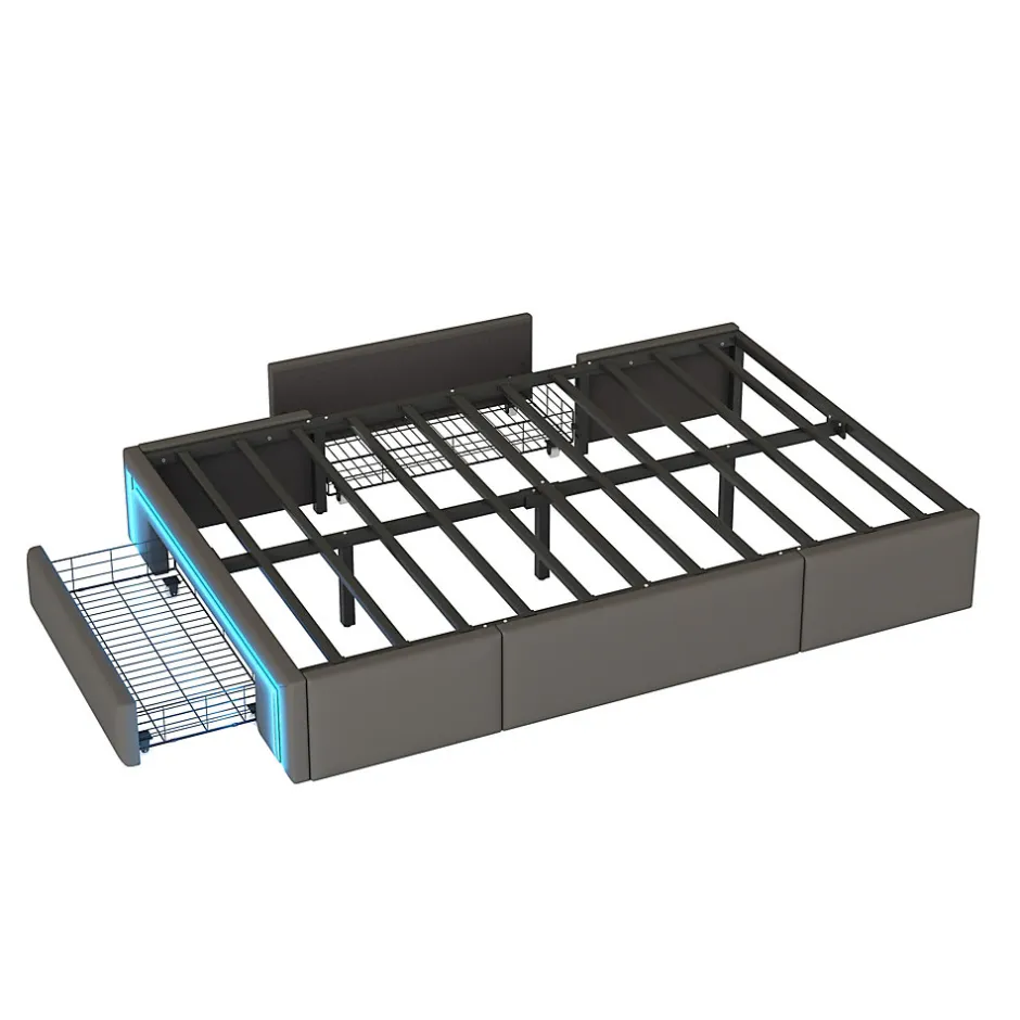 Simple Life Cadre de lit 90x200cm sans tête, LED, PU, plateforme métal avec tiroirs, gris