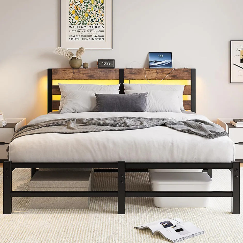 Blackcolors Cadre lit LED 140x200 cm, recharge USB, rangement sous matelas, métal