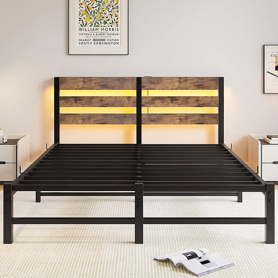 Blackcolors Cadre lit LED 140x200 cm, recharge USB, rangement sous matelas, métal