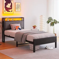 Blackcolors Cadre lit LED 90x200 cm, tête de lit USB, lattes métalliques, montage facile